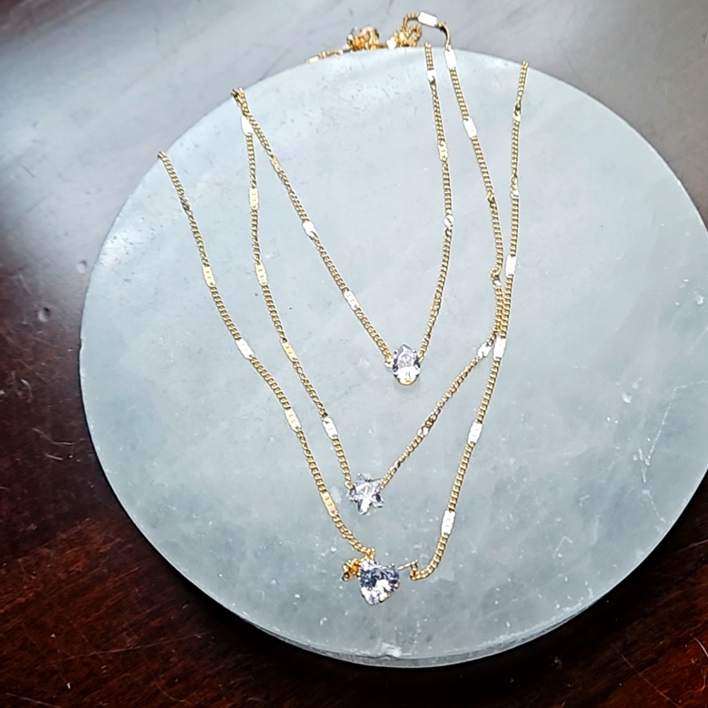 Gold Layered Necklace Trio with Clear Crystal Pendants